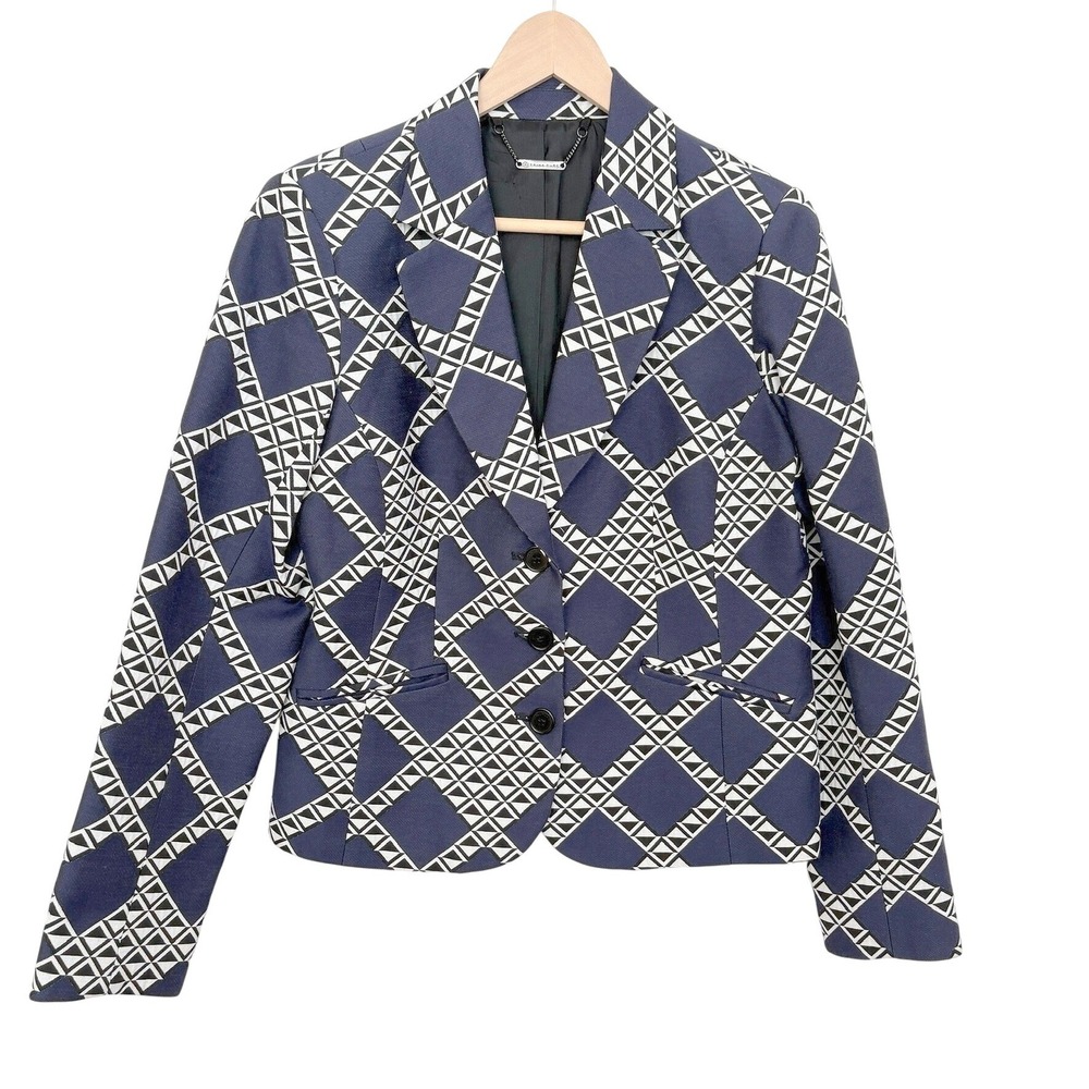 Trina Turk Geometric Corpcore Blazer Jacket Navy White Structural Sz 10 Medium